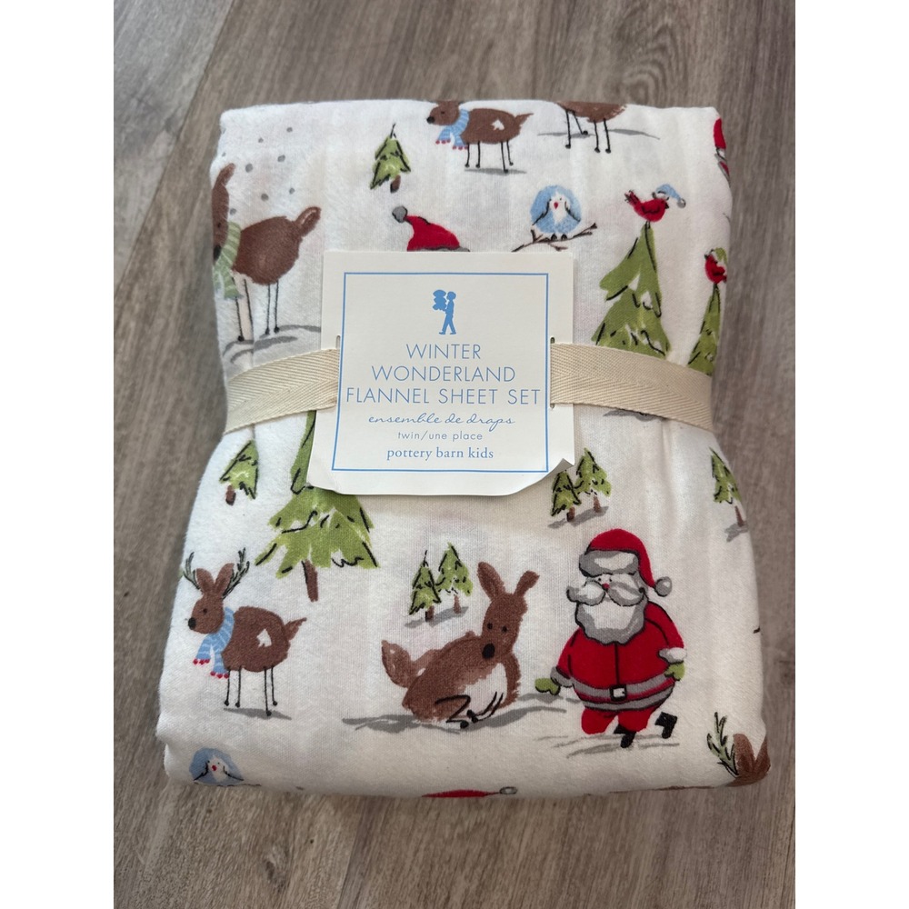 Pottery Barn Kids Winter Wonderland Twin Flannel Sheet Set Santa Reindeer New